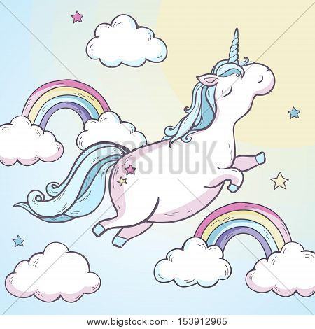 Cartoon magic unicorn with clouds and rainbow. Vector illustration.