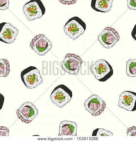 Vector seamless pattern sushi hamachi and vegetable rolls, color