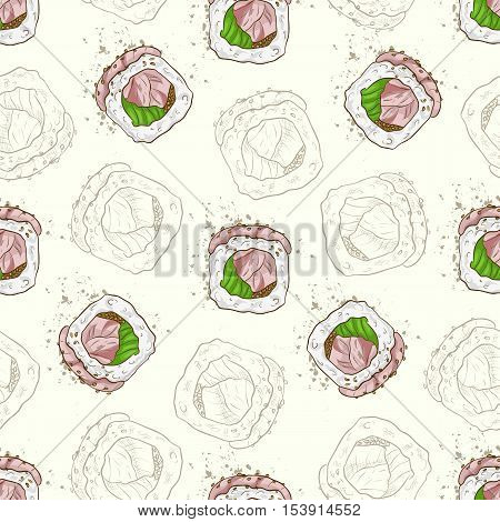 Vector seamless pattern sushi hamachi rolls, color and sketch
