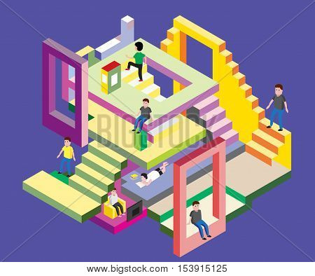 Isometric man in levels, Vector Illustration. depict people in various activities on blue background
