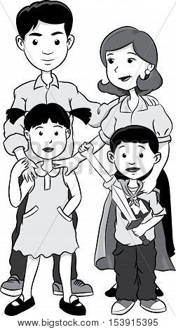 Illustration of Happy family. Father, mother, son and daughter together. Vector illustration of a flat design with grayscale