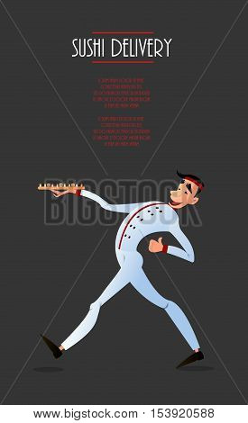 Sushi delivery poster. Sushi menu design. Japanese sushi delivers. Bright cheerful character in a flat style