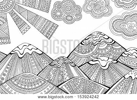 Printable coloring page for adults with mountain landscape. Hand drawn vector illustration