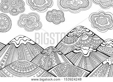 Printable coloring page for adults with mountain landscape. Hand drawn vector illustration