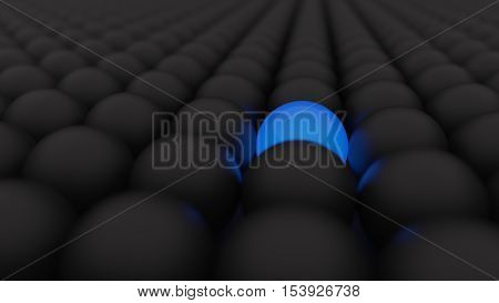 3d black matte balls with glossy blue ball. Spheres.