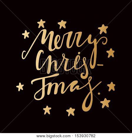 Hand drawing text for Merry Christmas. Greeting card. Golden letters on a black background. Modern and stylish hand drawn lettering. Quote. Hand-painted inscription. Freehand drawing. Gold stars.