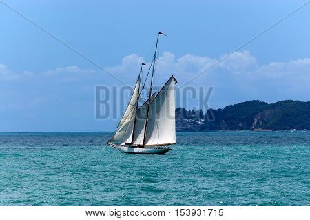 Sailing ship with two masts in the Gulf of La Spezia Liguria Italy