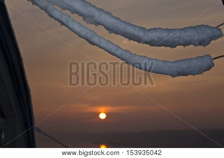 Frost crystals on Power Lines in the winter