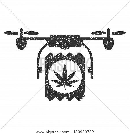 Drone Cannabis Delivery grainy textured icon for overlay watermark stamps. Flat symbol with unclean texture. Dotted vector gray ink rubber seal stamp with grunge design on a white background.