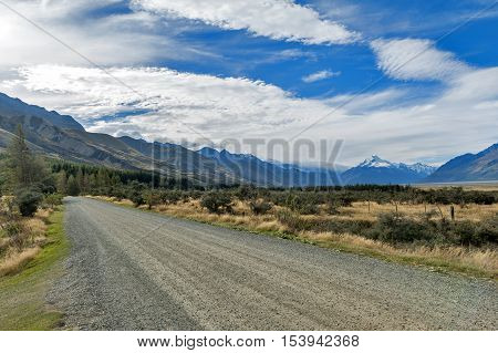 Gravel Road To Campsite At Glentanner Park Centre With Aoraki / Mount Cook Seen In Background