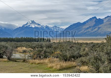 Aoraki / Mount Cook, The Highest Mountain In New Zealand, And The Tasman River Seen From Glentanner
