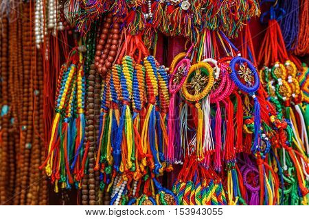 Close up photo of colorful nepalese keyrings