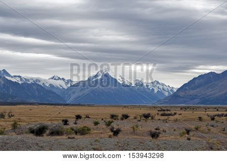 Aoraki / Mount Cook, The Highest Mountain In New Zealand, And The Tasman River Seen From Glentanner