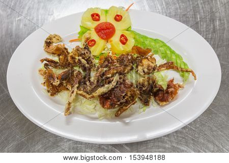 Fried soft shell crab, Thailand. Soft-shell crab is a culinary term for crabs which have recently molted their old exoskeleton and are still soft ,