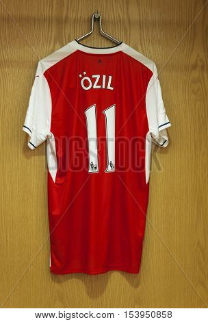 London, the UK - May 2016: Mesut Ozil shirt in the changing room of FC Arsenal at 
the Emirates Arena