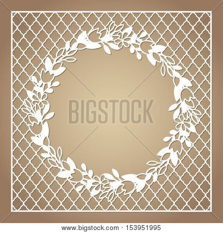 Openwork square frame with wreath of flowers. Laser cutting template for greeting cards envelopes invitations interior decorative elements.