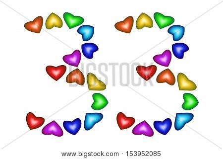 Number 33 of colorful hearts on white. Symbol for happy birthday event invitation greeting card award ceremony. Holiday anniversary sign. Multicolored icon. Thirty three in rainbow colors. Vector