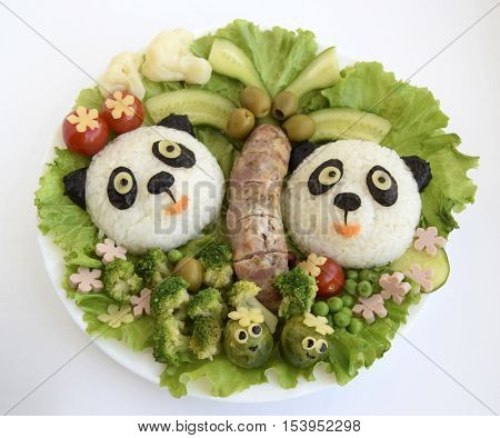 Pandas are made of rice. Creative food for good mood and appetite