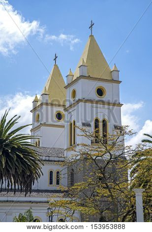 Steeples of the cathedral of Guaranda, Bolivar Province, Ecuador, on a sunny day