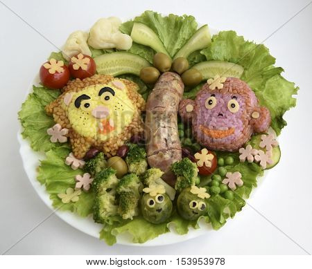 The lion and monkey are made of rice. Creative food for good mood and appetite