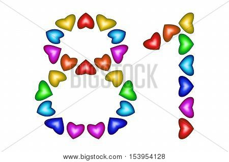 Number 81 of colorful hearts on white. Symbol for happy birthday event invitation greeting card award ceremony. Holiday anniversary sign. Multicolored icon. Eighty one in rainbow colors. Vector