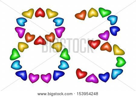 Number 83 of colorful hearts on white. Symbol for happy birthday event invitation greeting card award ceremony. Holiday anniversary sign. Multicolored icon. Eighty three in rainbow colors. Vector