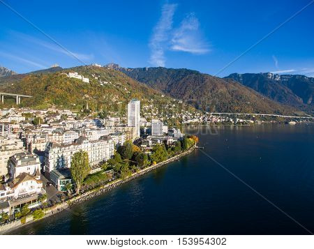 Aerial View Of Montreux Waterfront, Switzerland