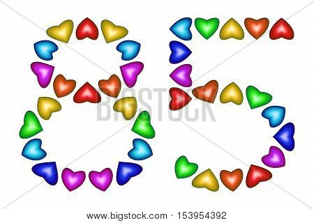 Number 85 of colorful hearts on white. Symbol for happy birthday event invitation greeting card award ceremony. Holiday anniversary sign. Multicolored icon. Eighty five in rainbow colors. Vector