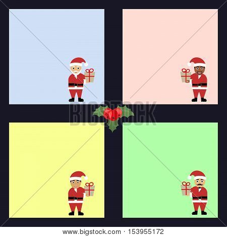 Collection of different colored sheets of note papers with different Santa Claus, ready for your message. Vector illustration. Modern flat design.