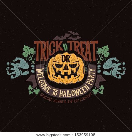 Colorful Halloween logo mascot smiling pumpkin and the dead man's splayed arms with ribbon and bats. Vector illustration.