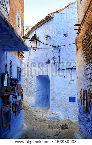 Morocco Chefchaouen street of the old town . Medina .