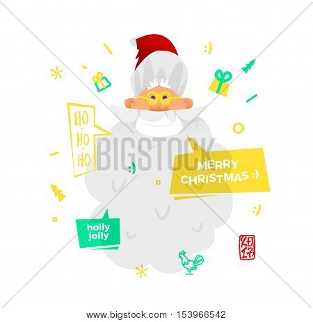 Santa Claus happy face. Cartoon funny character on white background. Some graphic style on Christmas and New Year.