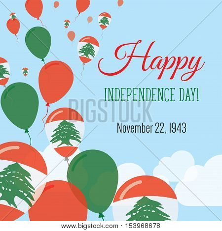 Independence Day Flat Greeting Card. Lebanon Independence Day. Lebanese Flag Balloons Patriotic Post