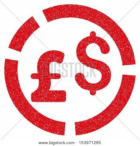 Pound and Dollar Currency Diagram grainy textured icon for overlay watermark stamps. Flat symbol with unclean texture. Dotted glyph red ink rubber seal stamp with grunge design on a white background.