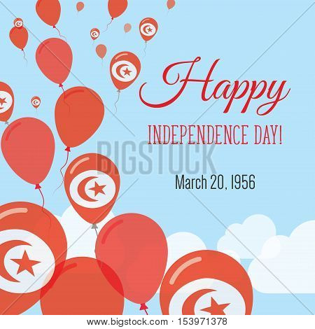 Independence Day Flat Greeting Card. Tunisia Independence Day. Tunisian Flag Balloons Patriotic Post