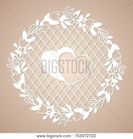 Openwork wreath of flowers with two hearts. Laser cutting template for decoration cards interior decorative elements.