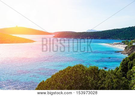 Panoramic view of paradise beach with white sand and multicolor sea - Mediterranean italian scrub next wild nature sea with sunshine - Turredda Sardinia island - Vacation concept