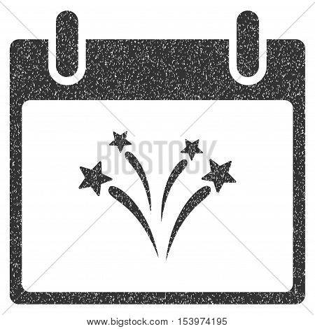 Fireworks Calendar Day grainy textured icon for overlay watermark stamps. Flat symbol with dirty texture. Dotted glyph gray ink rubber seal stamp with grunge design on a white background.