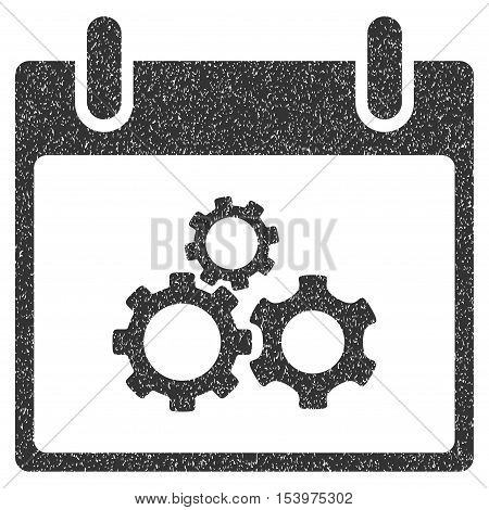 Mechanics Gears Calendar Day grainy textured icon for overlay watermark stamps. Flat symbol with dirty texture. Dotted glyph gray ink rubber seal stamp with grunge design on a white background.