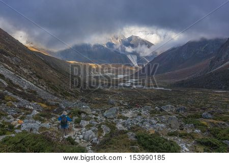 Beautiful Landscape of Pheriche Village (4240 m) in cloudy day. Route of Lukla-Everest base camp. East Nepal, Himalayas