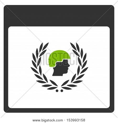 Soldier Laurel Wreath Calendar Page glyph icon. Style is flat graphic bicolor symbol, eco green and gray colors, white background.