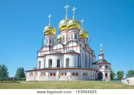 Cathedral of the Icon of the Mother of God Iverskaya close up in the sunny july afternoon. Valdai Iversky Svyatoozersky Bogoroditsky monastery, Russia