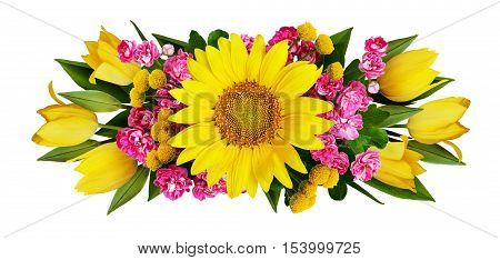 Sunflower tulips and hawtorn flowers arrangement isolated on white