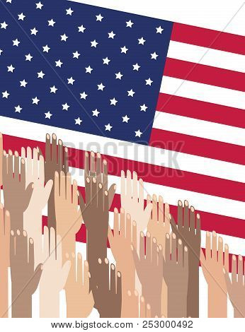 Multiracial Colorful Peoples' Hands Raised. Illustration Of Human Rights Day Background.