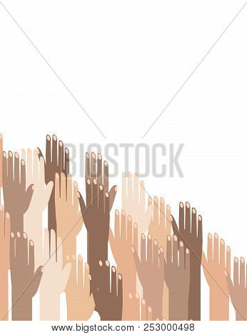 Multiracial Colorful Peoples' Hands Raised. Illustration Of Human Rights Day Background.