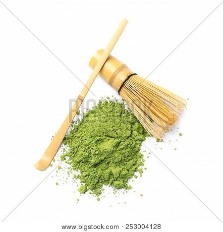 Powdered Matcha Tea, Chashaku And Chasen On White Background, Top View
