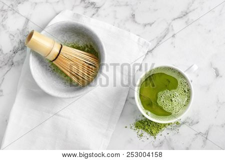 Flat Lay Composition With Matcha Tea On Marble Background