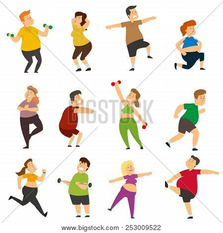Funny Fat People Are Doing Sports. Thick Characters Actively Lose Weight While Doing Sports Exercise