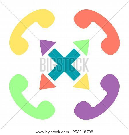 Vector Colorful Handset Flat Illustration With Cross Sign And Arrows. Multi-channel Phone Customer S