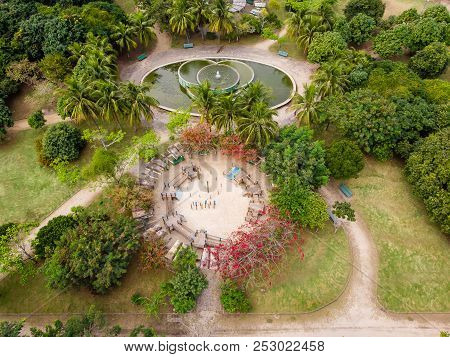 Aerial View Of Childrens Playground In Park In Barra Da Tijuca, Rio De Janeiro. Drone Pov Shows Geom
